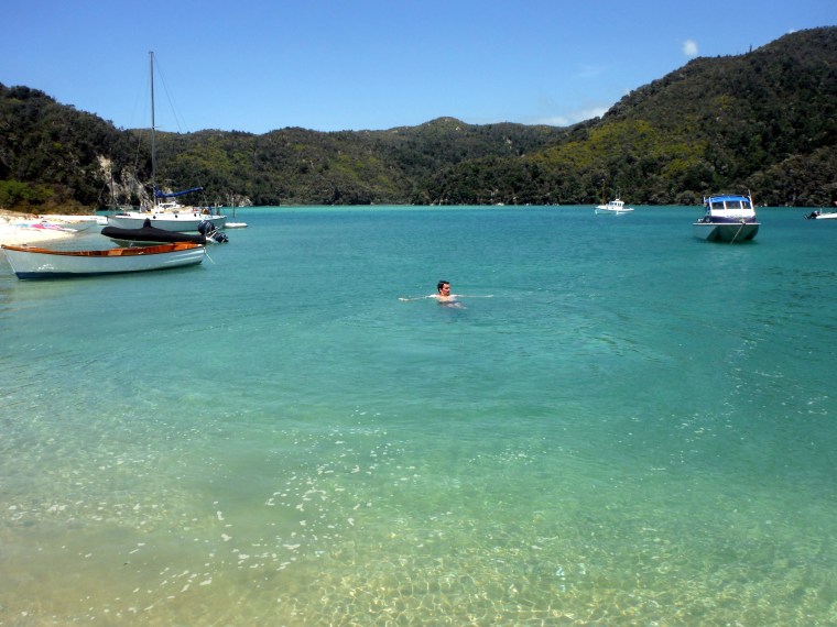 Tom goes for a freezing swim in the protected bay