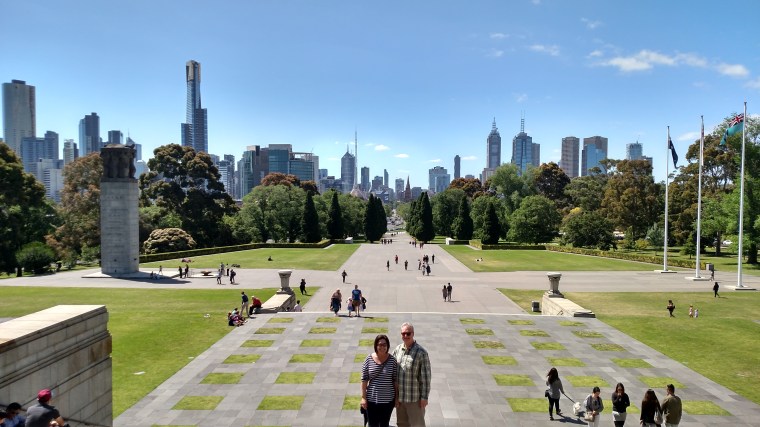 My parents posing in front of the CBD from the Shrine of Remembrance in the Botanical Gardens